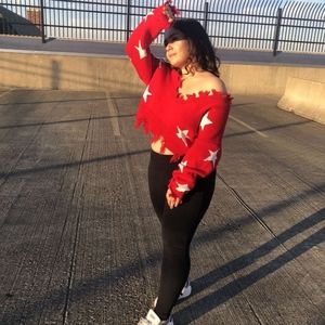 Red Cropped Sweater with Star Pattern
